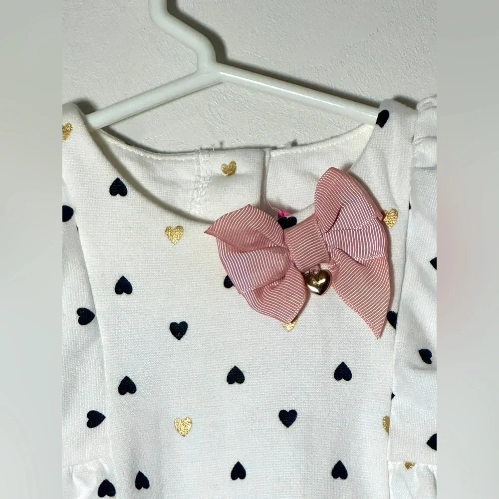 Isaac Mizrahi White Dress with Heart Pattern and Pink Bow Size 0-3 months